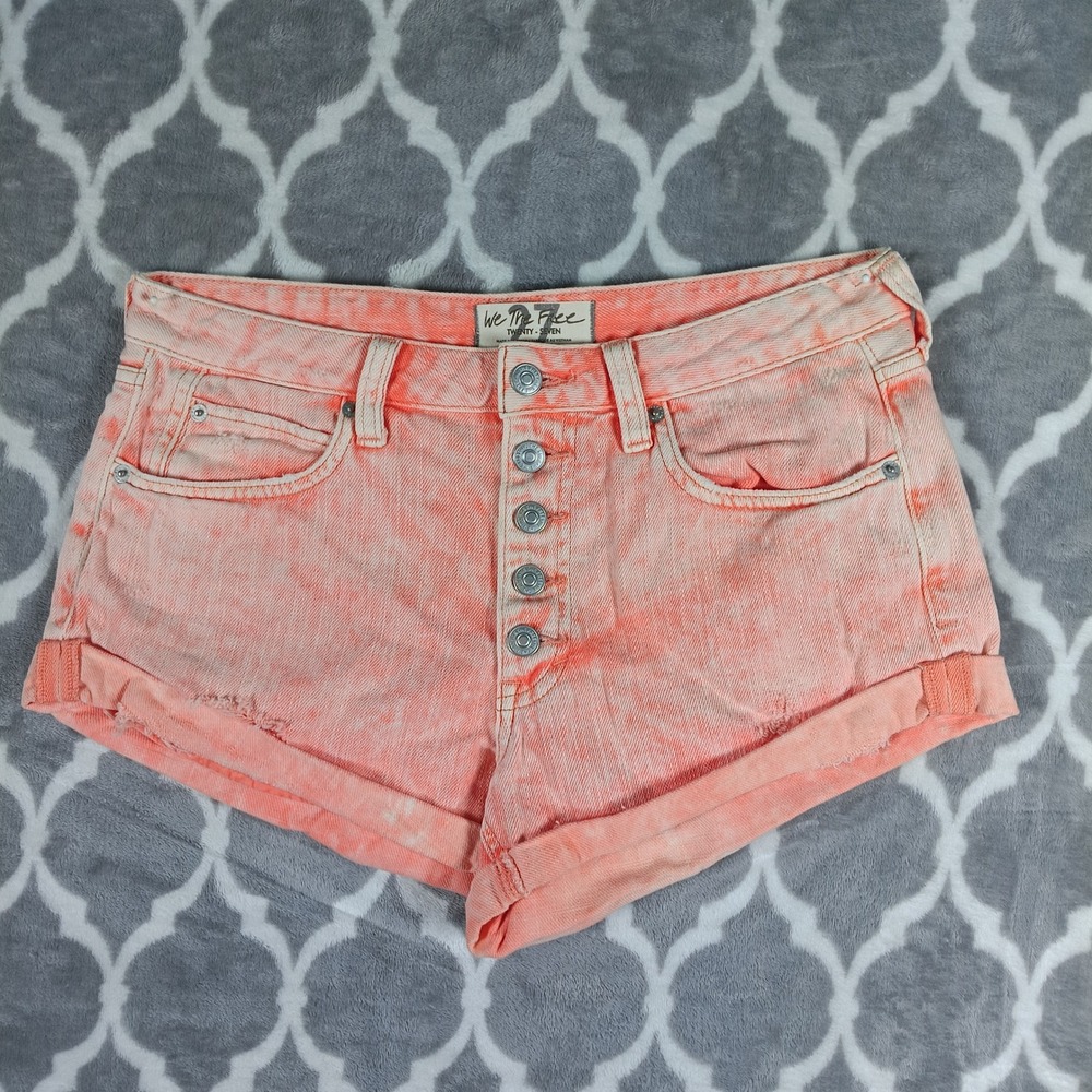 We The Free People Denim Shorts Womens 27 Orange Acid Wash Button Fly Cuffed